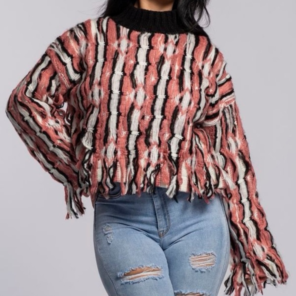 NWT Mock-neck Fringe Crop Sweater, S. Color: Black, light mauve, light grey.